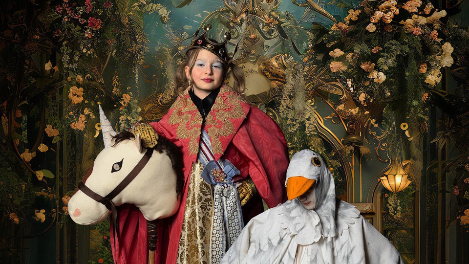 Två utklädda barn på en teaterscen.